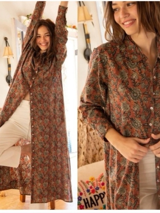 NATURAL LIFE Dresses & Skirts - NATURAL LIFE Long Sleeve Floral Maxi Shirt Dress in Rust Brown and Olive